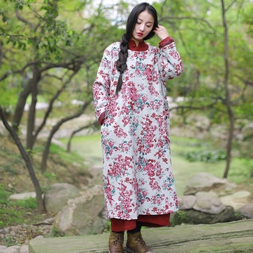 衣服 裙裝 棉麻裙 通勤 原創春秋冬季新款女裝棉麻印花大袍子寬鬆大碼