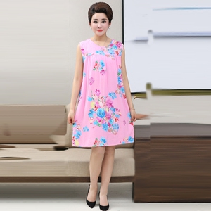 Phụ nữ trung niên của mùa hè váy nữ mùa hè bông lụa mỏng trung niên mẹ kích thước lớn không tay cũ nhân tạo bông váy