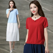 Văn học retro cotton và vải lanh tay ngắn tay mùa hè của phụ nữ mới kích thước lớn lỏng lẻo phong cách quốc gia áo sơ mi vải lanh màu thủy triều - Áo phông