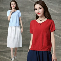 Văn học retro cotton và vải lanh tay ngắn tay mùa hè của phụ nữ mới kích thước lớn lỏng lẻo phong cách quốc gia áo sơ mi vải lanh màu thủy triều - Áo phông áo phông nữ rộng