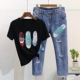 Châu âu trạm 2018 mùa xuân mới đính cườm sequins giày nhỏ ngắn tay T-Shirt + lỗ bảy điểm jeans phù hợp với nữ thủy triều Mùa xuân