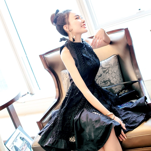 Черное кружевное платье без рукавов, юбка, коллекция 2021, по фигуре, с открытой спиной, А-силуэт