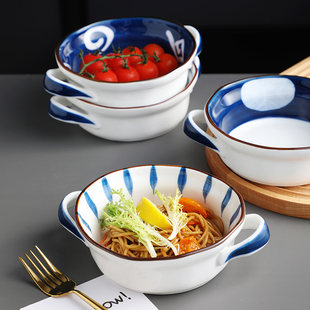 Japanese -style anti -hot double -eared ceramic grilled bowl household dessert bowl large Hong Pei dish's heavier bowl foreign trade export bowl