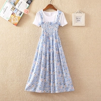Летнее милое платье, приталенное шифоновое платье-комбинация, комплект, юбка, в цветочек, высокая талия