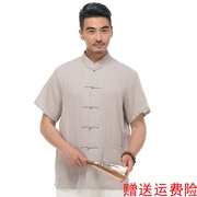 Mùa hè mới trung niên quần áo nam cổ áo cotton và vải lanh Tang phù hợp với phong cách Trung Quốc retro giản dị áo sơ mi ngắn tay