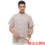 Mùa hè mới trung niên quần áo nam cổ áo cotton và vải lanh Tang phù hợp với phong cách Trung Quốc retro giản dị áo sơ mi ngắn tay quần jean nam