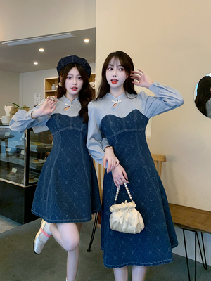 taobao agent Retro set, dress, denim skirt, plus size, Chinese style, for pear shaped body, A-line