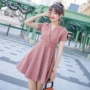 Mùa hè 2019 phiên bản Hàn Quốc mới của eo cao Slim nữ nhỏ nhắn váy chữ V váy cổ chữ V - A-Line Váy váy dài