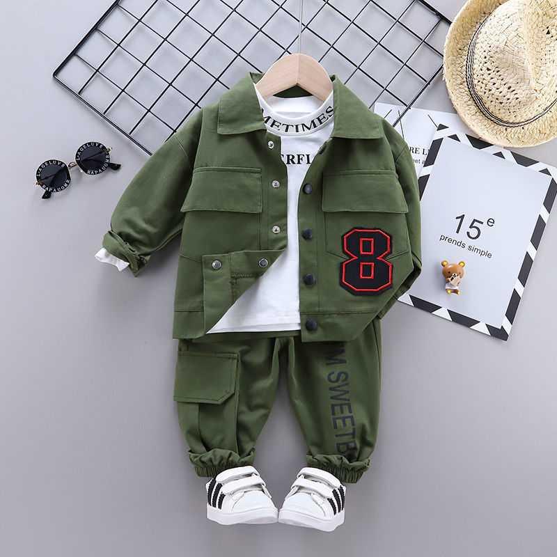 SJ Tooling 8 Green & Three Piece Setbaby Autumn clothes Boy Spring and Autumn suit 2021 new pattern Foreign style Three piece set tide baby clothes handsome Children's wear