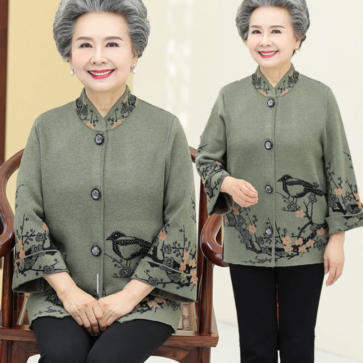 Áo khoác mùa thu của bà 60 tuổi 70 cộng với chất béo cộng với size áo len dệt kim của mẹ trung niên và phụ nữ lớn tuổi - Phụ nữ cao cấp