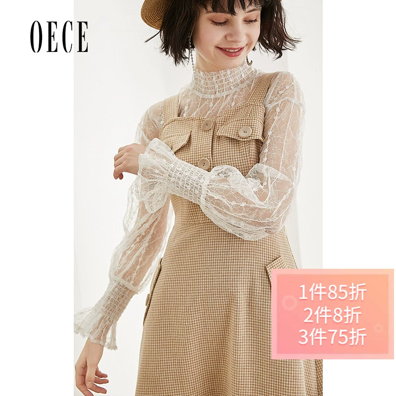 Oece mùa xuân mới của phụ nữ váy ngọt ngào cổ điển đẹp lưới mỏng eo cao A-line sling dress mùa xuân - Váy eo cao