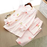 Марлевая японская хлопковая осенняя тонкая летняя пижама, летний хлопковый милый комплект, длинный рукав, большой размер