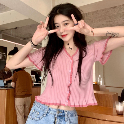 taobao agent Knitted summer sweater, short top, for plus size ladies, with short sleeve, fitted