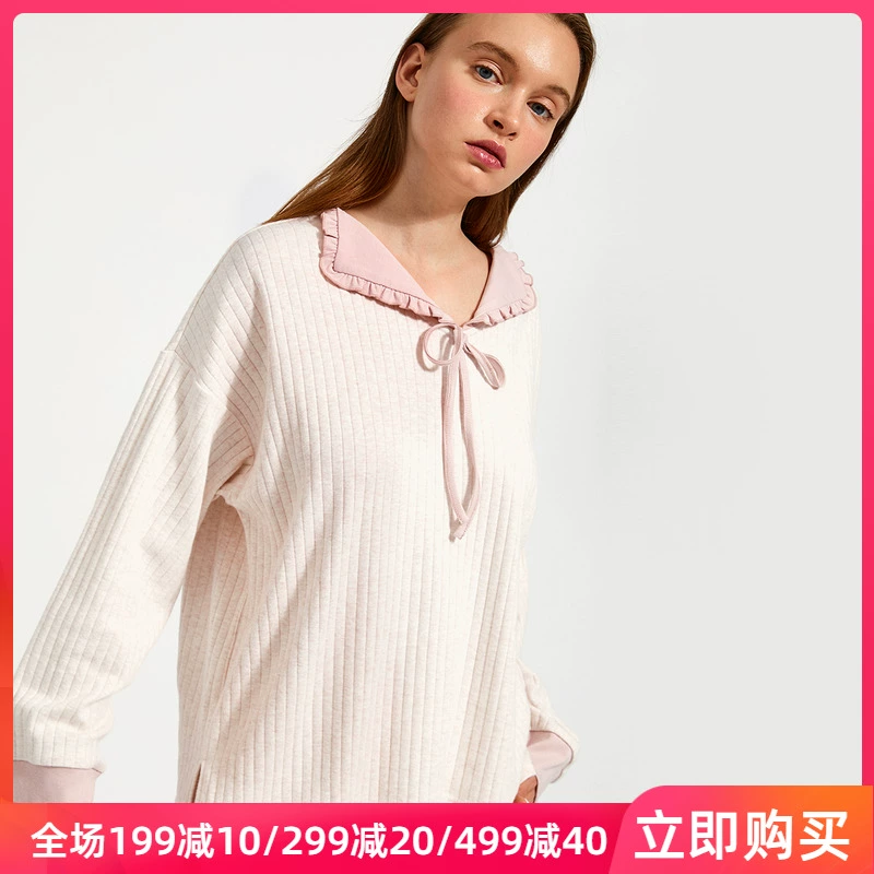 Bộ đồ ngủ cotton của phụ nữ mùa xuân và mùa thu dài tay màu hồng nhạt ve áo nhỏ giản dị dễ thương dịch vụ nhà phù hợp với bộ đồ hai mảnh - Nam giới