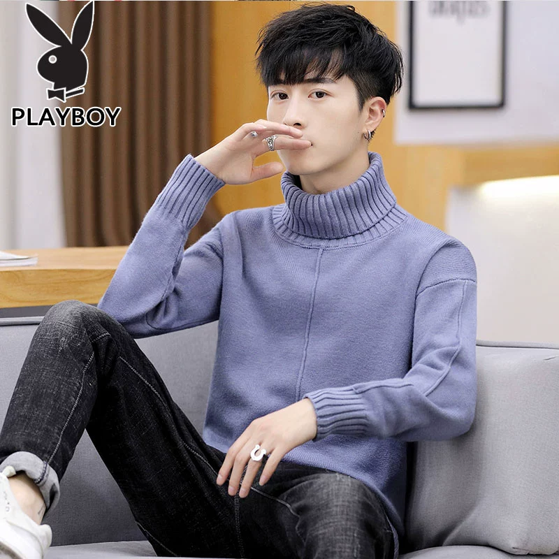 Áo len nam Playboy áo len cao cổ áo len xu hướng Hàn Quốc áo len nam mùa thu và mùa đông cởi quần áo nam - Áo len cổ tròn