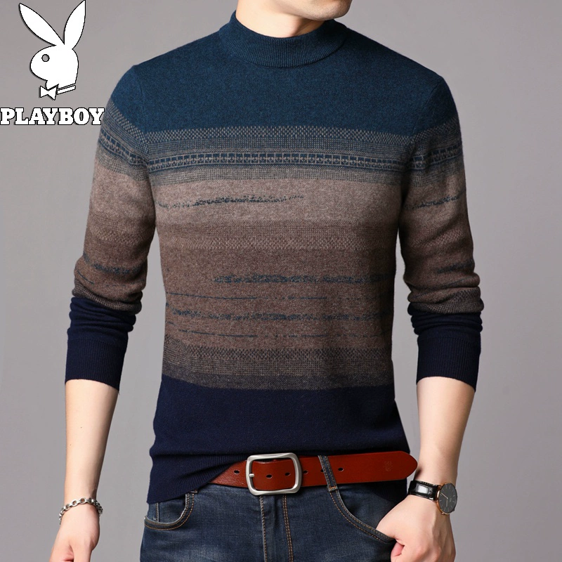 Playboy nam mùa thu và mùa đông áo len cổ tròn gradient thời trang nam trung niên áo len dày tinh khiết - Áo len