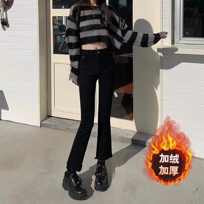 taobao agent Retro demi-season warm jeans, fitted megaphone, plus size, high waist