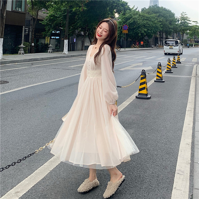 taobao agent Dress with sleeves, long skirt, plus size, french style, fitted