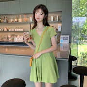 Hàng hóa châu Âu có biệt danh Phụ nữ phiên bản Hàn Quốc của chiếc váy ngắn cổ chữ V hoang dã cho nữ váy ngắn tay chữ A - A-Line Váy