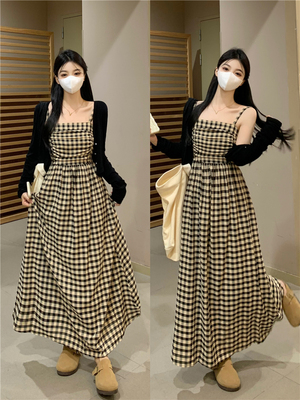 taobao agent Retro slip dress, knitted autumn set, plus size, fitted, long sleeve