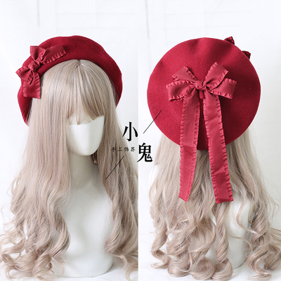 taobao agent Japanese sweet and cute beret lolita hand -made bow, autumn and winter, warm retro wool, painter hat