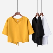 Mùa hè 2019 phiên bản Hàn Quốc của cổ chữ V màu trơn sang trọng cổ tròn eo cao eo ngắn sinh viên nữ áo ngắn tay áo thun thủy triều - Áo phông