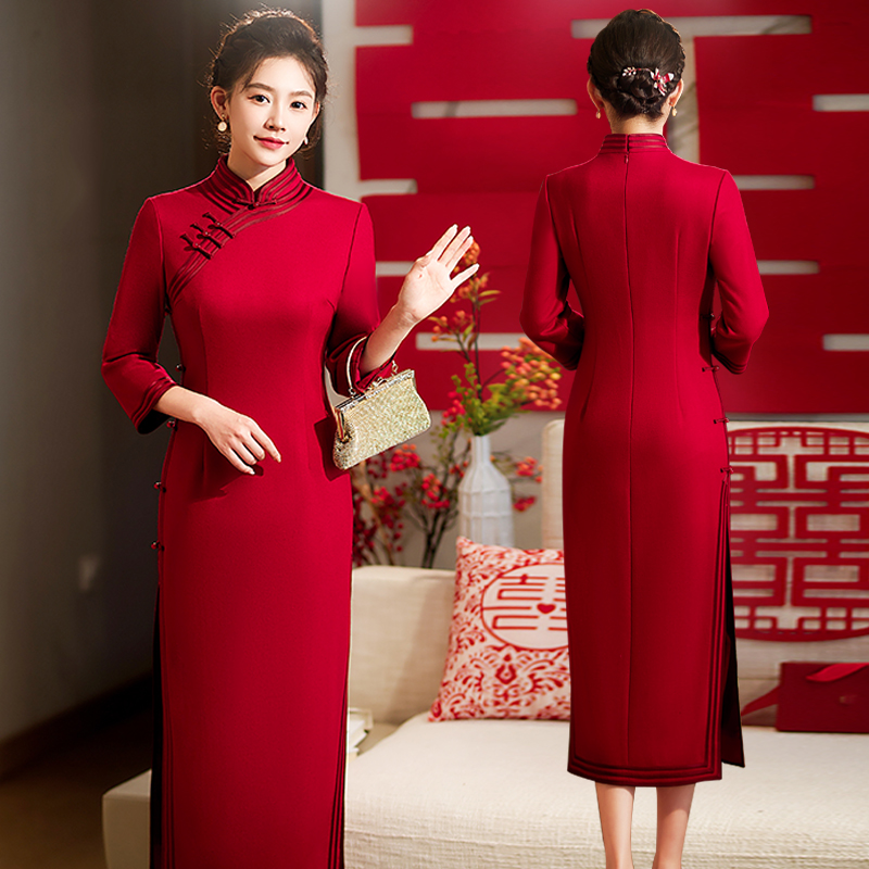 Red demi-season cheongsam, long lightweight skirt, elite wedding dress for mother, light style