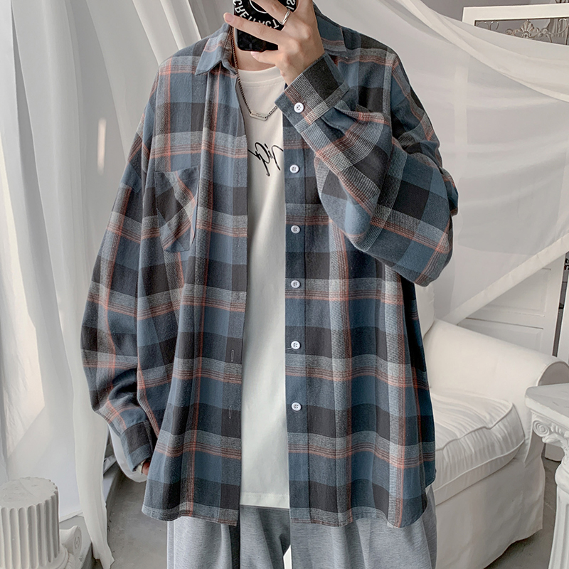 Long sleeve shirt men's autumn Korean version trend color contrast checkerboard loose casual shirt student versatile top
