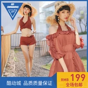 Áo tắm mới 2019 nữ Hàn Quốc phiên bản rắn màu bảo thủ ngắn tay ngực nhỏ thu thập ren Pingjiao áo tắm nóng bỏng ba mảnh - Bộ đồ bơi hai mảnh