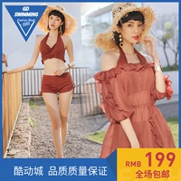 Áo tắm mới 2019 nữ Hàn Quốc phiên bản rắn màu bảo thủ ngắn tay ngực nhỏ thu thập ren Pingjiao áo tắm nóng bỏng ba mảnh - Bộ đồ bơi hai mảnh 	áo tắm 2 mảnh cho bé gái	