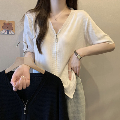 taobao agent Black summer thin T-shirt, silk cardigan, top, plus size, V-neckline, fitted