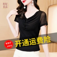 Летняя футболка, модный кружевной черный лонгслив, V-образный вырез, короткий рукав, в западном стиле