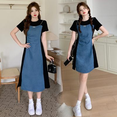 taobao agent Retro denim summer dress, mini-skirt, plus size, A-line