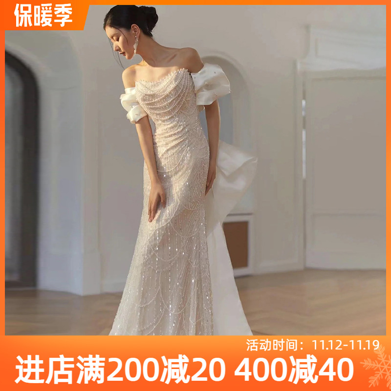 ハイエンド重工業ファイングリッターライトウェディングドレス 2023 新しい気質ライト高級フィッシュテールハイエンド高級花嫁ワンショルダードレス
