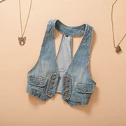 Denim vest nữ mùa hè vest đoạn ngắn không tay vest bên ngoài mỏng treo cổ vest áo khoác màu eo rắn