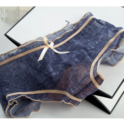 专柜品质。柔软网纱性感透明牛仔色中腰女内裤高品质透视纯棉底裆-淘宝网