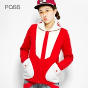 PASS màu đỏ và màu trắng khâu sang trọng áo ngắn dày cộng với nhung mùa đông ve áo thời trang ngắn áo len