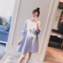 Thai sản mặc 2018 mùa hè mới Hàn Quốc phiên bản của off-the-vai sọc màu khảm Một phiên bản của thời trang lỏng lẻo thai sản ăn mặc áo ngực bà bầu