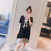 Thai sản mặc 2018 mùa hè mới V-Cổ bow tie với màu knit phụ nữ mang thai dài ăn mặc Hàn Quốc