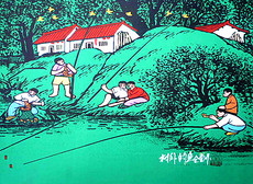 Рисунки акварелью и гуашью 村外钓鱼农村休闲娱乐农家乐农家院装饰陕西农民画尺寸52x38cm