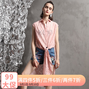 Kabui 2018 mùa hè áo gió không thường xuyên dài ren hàng đầu phía trước buttoned áo sơ mi cổ áo không tay áo