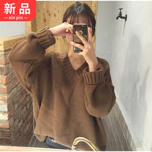 2018 mùa thu mới Hàn Quốc ulzzang Harajuku phong cách rắn màu lỏng V-Cổ áo thun áo len áo len áo sơ mi