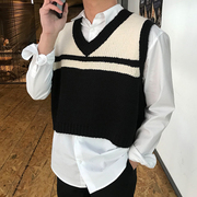 Hàn Quốc mua của người đàn ông thực sự bắn retro v- cổ màu sọc đoạn văn ngắn hoang dã đan áo gi lê áo gi lê giản dị áo len