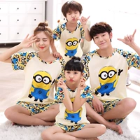 Xiao Huangren gia đình trang bị bộ đồ ngủ cotton ngắn tay áo một gia đình ba phụ nữ của mùa hè bông của phụ nữ mỏng phần mẹ và con dịch vụ nhà đồ bộ