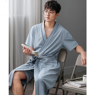 Áo ngủ nam mùa hè cotton mỏng kiểu pijama kiểu áo choàng tắm, kimono Nhật Bản ngắn tay dài trung phục vụ tại nhà hai mảnh zs - Night Robe