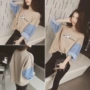 2018 mùa xuân và mùa thu mới của Hàn Quốc phụ nữ cổ tròn denim lỏng khâu dài tay áo thun áo len áo khoác sinh viên áo khoác len