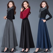 Mùa thu và mùa đông váy cashmere eo cao khí chất kích thước lớn một từ váy là mỏng rắn màu hoang dã mùa đông ấm áp