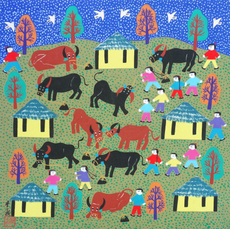 Рисунки акварелью и гуашью 《牛市场》（画芯40厘米*40厘米）金山农民画曹金根原创作品