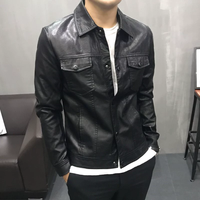 Tide thương hiệu quần áo da nam 2019 thu đông mới phiên bản Hàn Quốc của Slim plus nhung áo khoác da xe máy áo khoác da đẹp trai - Quần áo lông thú