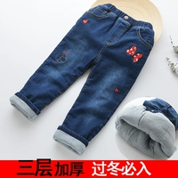 Giải phóng mặt bằng 50%! Cô gái quần cotton dày ba lớp trẻ em hoạt hình thêu quần jean mùa đông ấm áp quần áo trẻ em mới - Quần jean quần jean ống rộng bé gái xuân hè